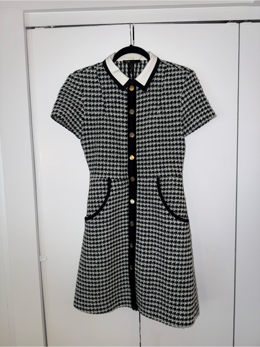 Maje Black and White Houndstooth Short Sleeve Dress with Contrast Collar